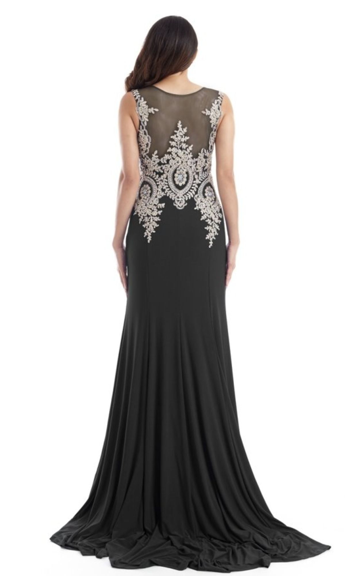A woman showcases the Gold-Embroidered Long Prom Dress: Chicas C4233, featuring a black formal gown with a sheer mesh back, intricate gold embroidery, and an elegant train as she stands facing away.